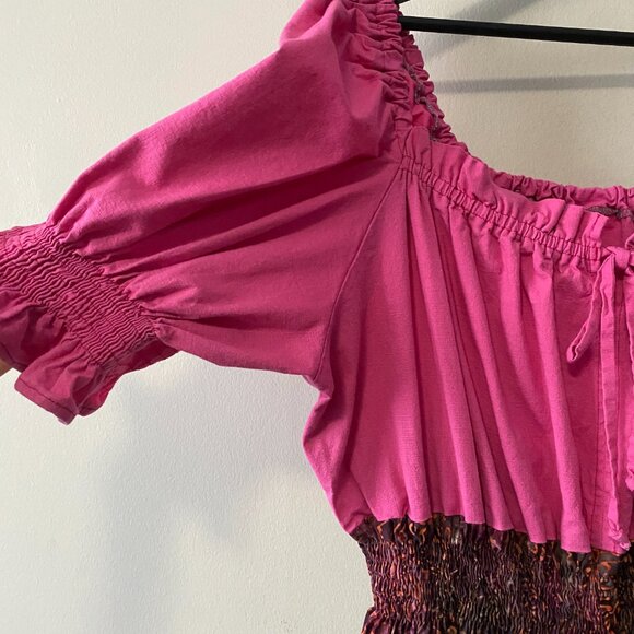 Handmade Plus Size Linen Cotton Batik Pink Multicolour Peasant Dress - Picture 5 of 16